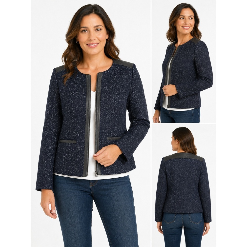 Navy Jacket XS Wool Blend Leather Trim Moto Academia Office Minimal Classic Chic